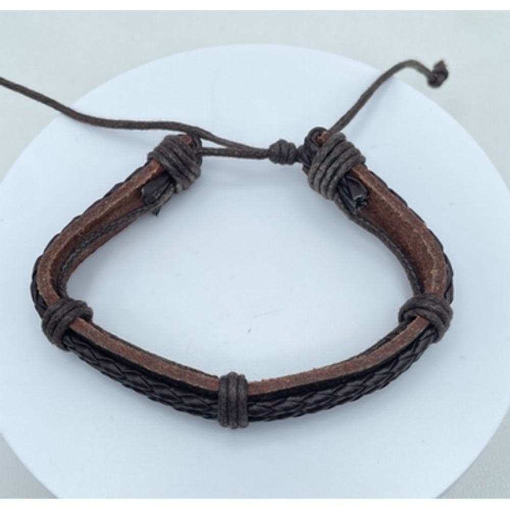 Contemporary Rustic Adjustable Brown Leather Braided Cords Slip Tie Bracelet